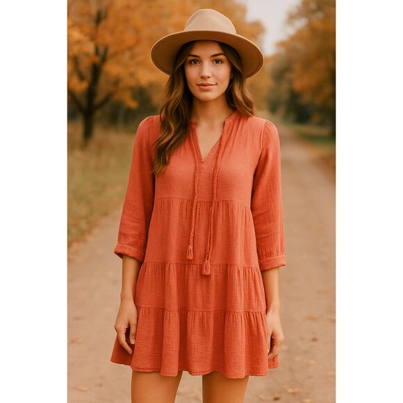 Honorine Giselle Gauze Tiered Mini Dress Mauve Pink Small Boho Western Fall - Picture 1 of 7
